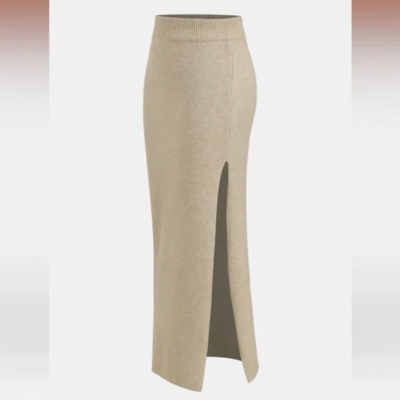 NEW Cupshe x JoJo Khaki Split Hem Maxi Sweater Skirt Medium - Picture 2 of 15